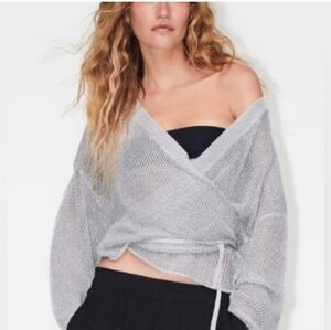 Zara Wrap Open Knit Cardigan With Metallic Thread Color Silver. Size Small.